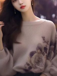เสื้อสเวตเตอร์คอปกติแขนยาวลายพิมพ์ผู้หญิงสไตล์ลำลองฤดูใบไม้ร่วง/ฤดูหนาว เสื้อคลุมกันหนาวแบบสวมหัวสไตล์เกาหลี