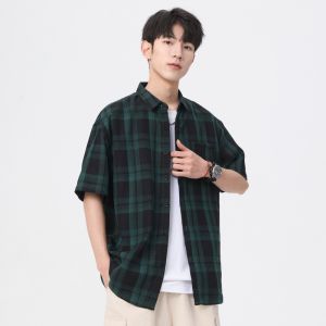 Kawadu | Mens Summer Loose Casual Short Sleeve Plaid Shirt