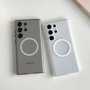 CrashStar MagSafe Corrugated Stripes Matte Translucent Hard Shockproof Phone Case For Samsung Galaxy S25 S24 Ultra + S23 Plus Wireless Charging Phone Casing Frosted Slim Phone Cover Shell With Metal Button With Full Cover Camera Protection