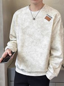 ROMON | Loose Mens Round Neck Tie Dye Long Sleeve Sweatshirt Spring Autumn New Trendy Brand Casual Comfortable Cotton Polyester Blend T-Shirt