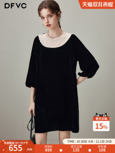 Black Vintage Silk Velvet Dress Womens Spring Autumn New Style Small Size Little Black Dress Comfortable Soft Silken Material