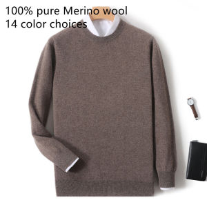 2025 100% Pure Merino Wool Mens Round Neck Pullover Solid Color Plus Size Casual Sweater Autumn And Winter Sports Cashmere Top