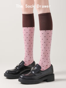 Pink Long Tube Socks Womens Spring Autumn New Polka Dot Color Block Micro Pressure Slimming Leg Socks Matching Small Leather Shoes