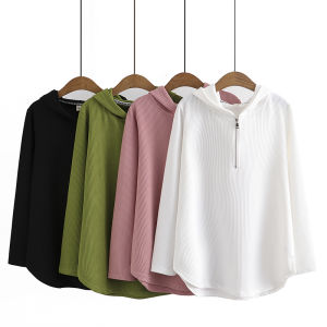 Summer 2023 New Arrival Casual Pullover Plus Size Ladies Loose Hooded Half Zip Ice Silk Sunken Stripe Plus Size Sweatshirt