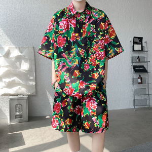 Casual Summer Thin Flower Pattern Mens Set Short Sleeve Loose Fit T-Shirt And Shorts Two-Piece Suit Polyester Fiber Youth Fashion