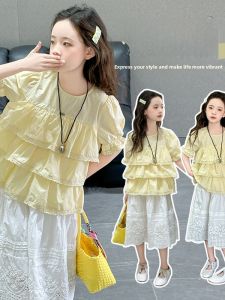 MPW | Girls Cotton Doll Shirt Dress Set Sweet Two-Piece Suit For Little Girls Spring Summer Floral Lace Skirt Cotton Blend Material