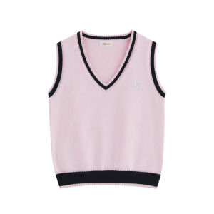 Pure Cotton V-neck Splice Knitted Vest Womens Sweater Sweet Style Loose Fit Embroidery Spring Fashion 2025 New Arrival