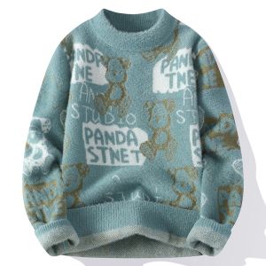 Thickened Woolen Knitted Sweater for Boys Teenage Autumn Winter Warm Soft Comfortable Base Layer Shirt with Print Half High Collar