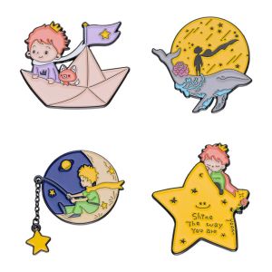 Cute Prince Fox Enamel Pins Custom Moon Star Paper Boat Whale Brooches Lapel Badges Cartoon Jewelry Gift for Kids Friends