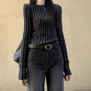 Retro Striped Knitwear Womens Slim Fit Inner Shirt Top High Quality Knitted Sweater Autumn Season Popular Fashionable Base Layer