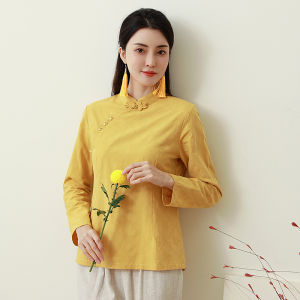 Womens Cotton Linen Shirt Long Sleeve Stand Collar Button up Traditional Chinese Style Top Breathable Comfortable Autumn Fashion