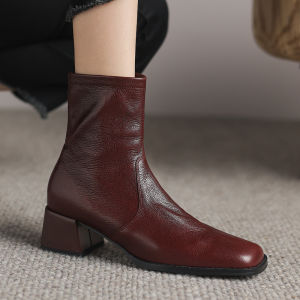 LADYBLACK Retro Style Short Boots Womens Leather Sheepskin Square Head High Heel Autumn Winter Fashion Booties Side Zipper
