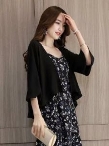 เสื้อคาร์ดิแกนผ้าชีฟองกันแดดบางๆ สำหรับผู้หญิง เสื้อคลุมยาวคลุมไหล่แบบสวม ทรงหลวม สไตล์เรโทร แขนยาว 7 นิ้ว