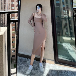 ชุดเดรสยาวแขนกุดเซ็กซี่สำหรับผู้หญิง ชุดกระโปรงสั้นผ่าข้าง ชุดสองชิ้น แขนยาว ทรงเข้ารูป เสื้อคาร์ดิแกน ชุดฤดูใบไม้ผลิ 2022