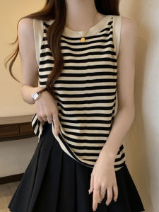 DAIXIANGFEIZI | Áo Thun Kẻ Sọc Không Tay Knitted Cool Silk