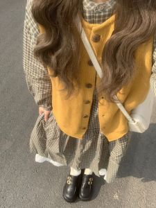 XUECAIQI | Spring Matching Japanese Vintage Vest Plaid Long Sleeve Dress Set