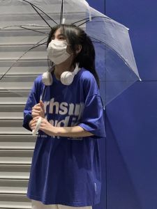 Retro American Oversize Summer Short Sleeve T-Shirt Women Loose Pure Cotton Body Tee Trendy Blue Brand Klein Korean Style round Neck Print Casual Top