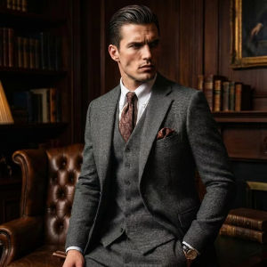 Brown 2026 Mens Suit Tweed Herringbone Tweed Wedding Prom Tuxedos 3 Piece Peak Lapel for autumn Slim Fit Blazer+vest+Pant