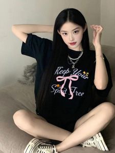 Black Butterfly Knot Short Sleeve T-Shirt Womens Korean Style Vitality Girl Dopaamine Outfit Cotton Summer Top