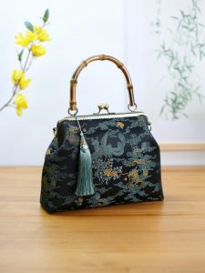 Handcrafted New Chinese Style Bamboo Node Handbag Elegant Ladies Satchel for Cheongsam Crossbody Purse Soft Polyester Material