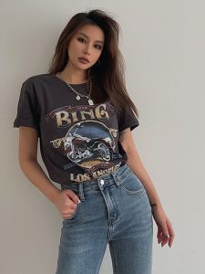 2024 Summer New Arrival Super Cool Girl American Retro Motorcycle Letter Print Short-Sleeve T-shirt Casual Tops