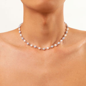 Ingemark Exquisite Trend Imitation Pearls Rhinestone Chokers Necklace Men Vintage Silver Color Acrylic Neck Chain Couple Jewelry