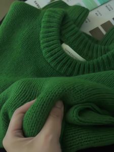 Retro Christmas Green round Neck Pullover Woolen Sweater Womens Autumn Winter Lazy Style Loose Inner Knitted Sweater