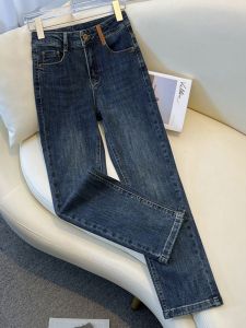 เอวสูงSlim-Fitผ้าฝ้ายDenimกางเกงผู้หญิงสีฟ้ากางเกงยีนส์ขาตรงใหม่ฤดูใบไม้ผลิ/ฤดูร้อน 2024 Sistersยี่ห้อ