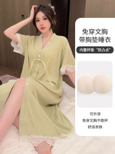 Sweet Style Womens Sleepwear with Chest Pad Integrated Mid-Sleeve V-Neck Cotton Summer Home Clothes Floral Lace Trim Cardigan