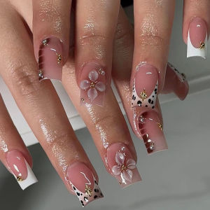 3D Medium Square fake Nails for women girls fashion Leopard Flower Butterfly Knot design French frame Press-On False Nails art