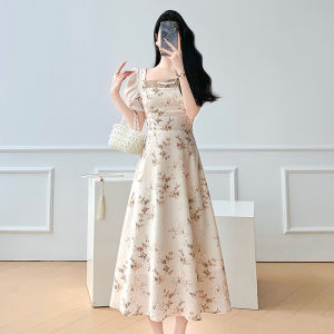 French Floral Print Summer Dress Womens High Waist Bubble Sleeve Square Collar Slimming A-Line Gown Elegant Commute Style