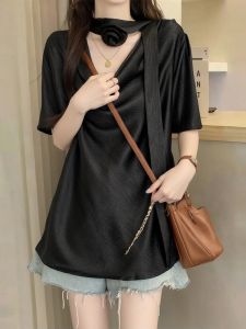 AIYITI | High Quality V-Neck Acetate Satin Short Sleeve Shirt for Plus Size
