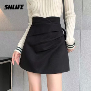 SHLIFE Irregular Pleated Short Skirt Half Skirt Spring Summer Fashionable A-line Wrapped Hip Short Skirt High Waist Personalized Fashionable