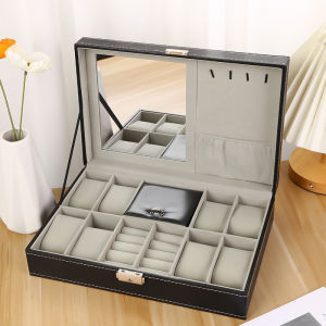 WellZone Large Capacity Multi-Functional PU Leather Watch Box Case Ring Jewelry Storage Box With Lock