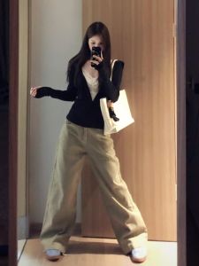 Khaki Color High Waist Loose Straight Casual Jeans Womens plus Size Floor Length Trousers Long Leisure High Rise Denim Pants