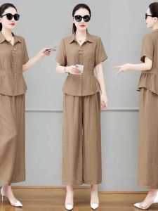 Summer Ice Silk Cotton Linen Set Fashionable Age-Defying Casual Wide Leg Pants Two-Piece Set for Women over 35 Years Old