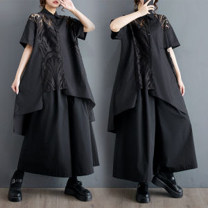 Irregular Lace Splicing Casual Dress Womens Street Style Loose Fit Shoulder Length Short Sleeve Polo Collar Mid-Length Dress