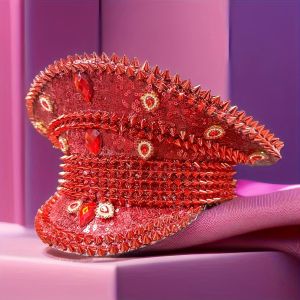 Red Rhinestone Luxury Festival Captain Hat Wedding Military Captain Hats Steampunk Caps Punk Rivets Sergeant Hat Masquerade
