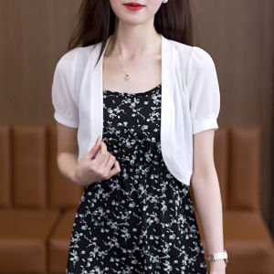 Summer Thin Simple Black Short Cardigan Outerwear Strapless Lightweight Solid Color Slimming Shoulder Pad Coat for Women