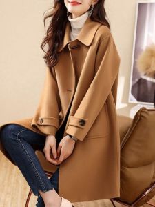 Khaki Woolen Coat Thickened Mid-Length Turn-down Collar Female Outerwear Elegant And Warm Blank Label Commute Style Long Sleeve