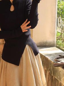 Black New Chinese Style National Trend Cheongsam Collar Hollow out Irregular Hem Design Waist Cinching Knitted Base Shirt Women Autumn Top