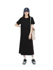 ชุดเดรสสีดำแขนสั้นสำหรับผู้หญิง ทรงหลวม สไตล์เกาหลี คอตั้ง กระโปรงทรงเอ ผ้าฝ้ายผสมโพลีเอสเตอร์