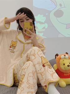 Cartoon Coral Fleece Pajamas Womens Thickened Flannel Home Clothes Set Autumn Winter Long Sleeve Sleepwear Polyester Fiber