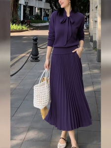 Bộ Đồ Dệt Kim Màu Tím Thời Trang Thu Đông Cho Nữ Bộ Váy Dài Nửa Thân Trên Và Áo Phông Màu Tím Độc Đáo Và Đẹp Mắt