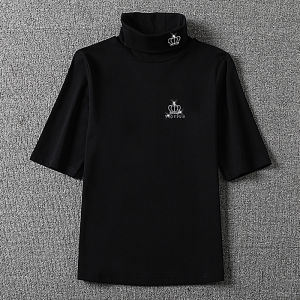 Elegant High Collar Pure Cotton Short Sleeve T-Shirt Womens Slim Fit Shirt Diamond Embellished Base Layer Top Korean Style