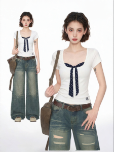 BAIDAIFEI | White Two-Piece Polka Dot Bow Front Tee