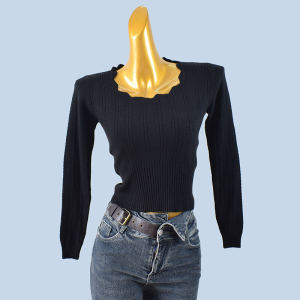 ฤดูใบไม้ผลิ ฤดูใบไม้ร่วง เสื้อฐานถักบาง นุ่ม คลื่น ปกเสื้อ พรางหุ่น เส้นด้ายสั้นคอกลมแขนยาวสีทึบ ทันสมัย