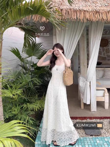 Sweet Style Lace Trim Halter Dress Womens Slimming Long Gown Summer Design Korean Version A-Line Skirt No Sleeve