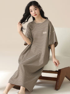 Summer Pure Cotton Long Dress Womens Nightgown Short Sleeve Striped Sleepwear Romantic Spring Sweet Style Print Home Clothes