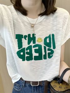 Slimming Bamboo Cotton Short Sleeve T-Shirt Korean Letter Print Womens Summer Fashion Casual Top round Neck Classic Pattern